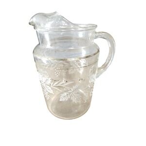 Vintage Mid Century Glass Pitcher Frosted White Grape Leaf Gold Trim Ice Lip 9in